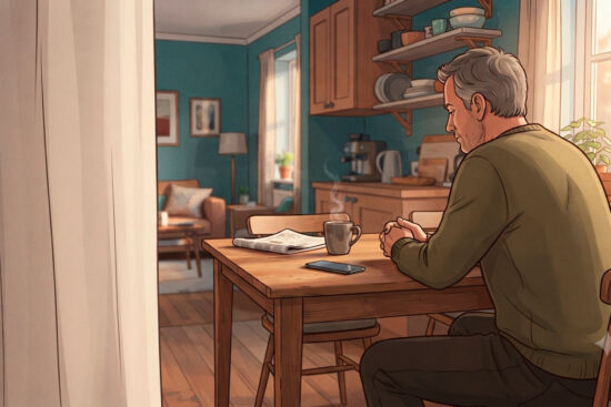 Uomo sui cinquant'anni seduto in silenzio vicino a una finestra di casa, con il telefono muto sul tavolo davanti a sé: l'attesa di una chiamata con i risultati